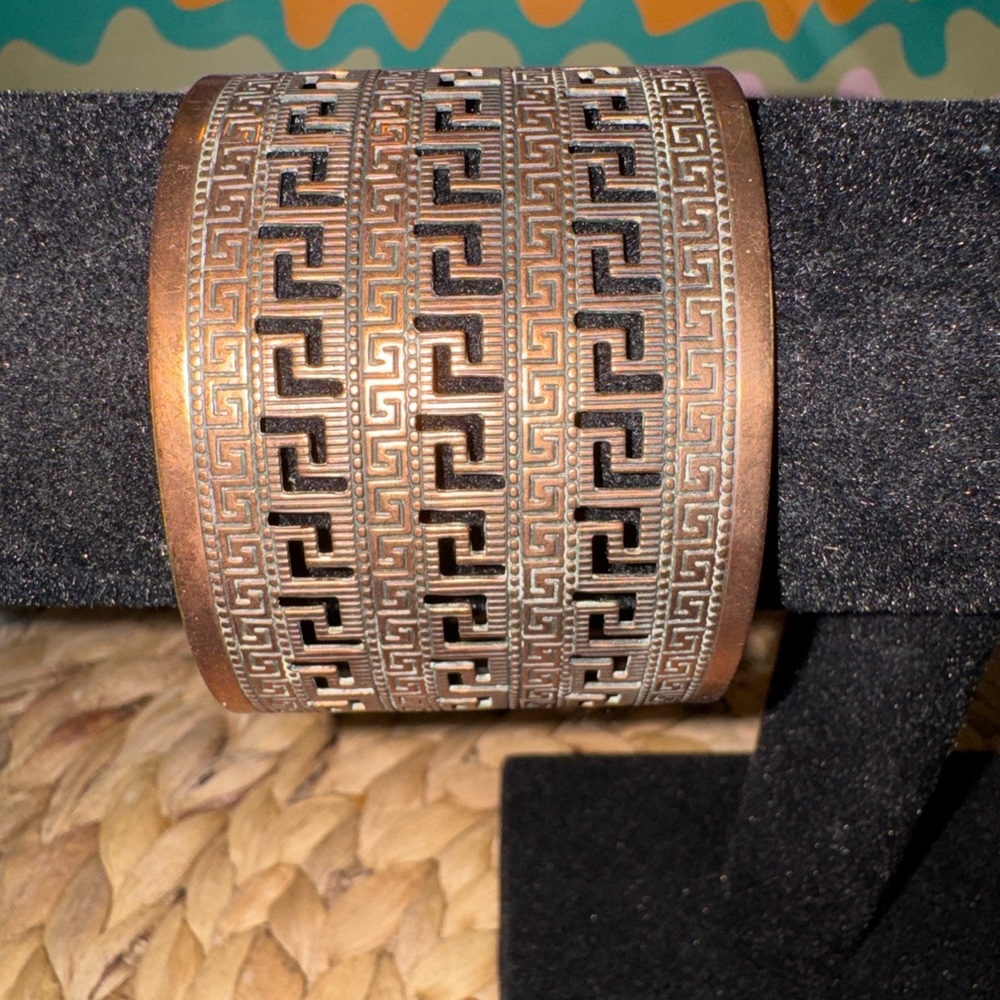 Bronze Greek Key Cuff Bracelet Wide Artisan Boho Statement